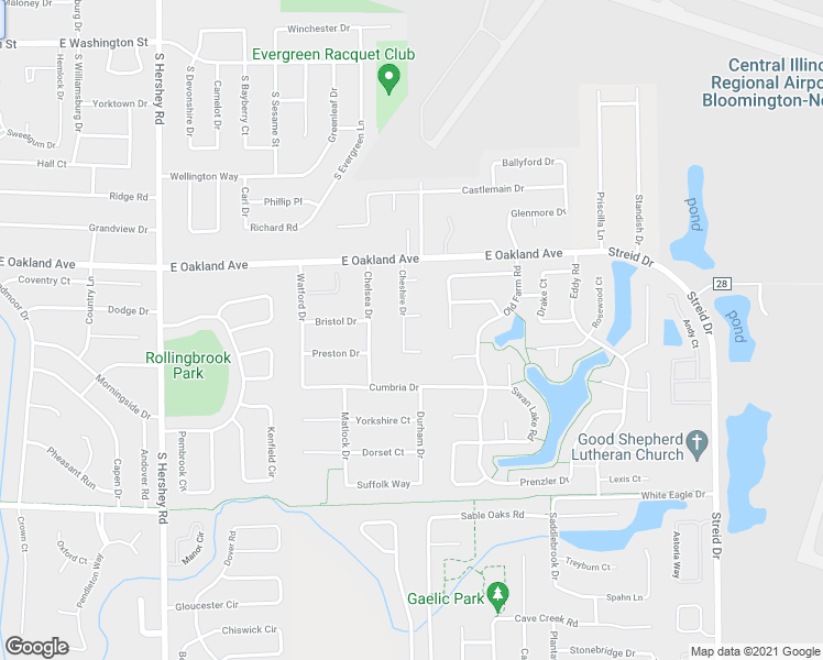 map of restaurants, bars, coffee shops, grocery stores, and more near 604 Cheshire Drive in Bloomington