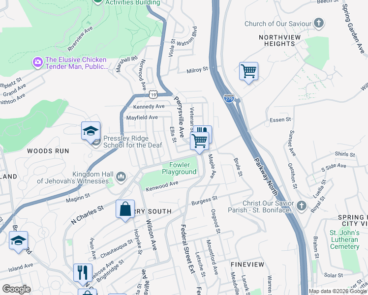 map of restaurants, bars, coffee shops, grocery stores, and more near 12 Ellzey Street in Pittsburgh