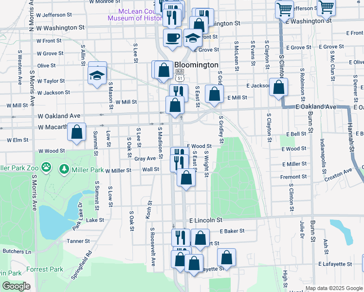 map of restaurants, bars, coffee shops, grocery stores, and more near 101 West Wood Street in Bloomington