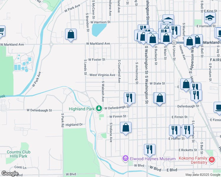 map of restaurants, bars, coffee shops, grocery stores, and more near 626 West Woodland Avenue in Kokomo