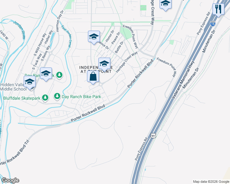 map of restaurants, bars, coffee shops, grocery stores, and more near 15412 Tarawa Drive in Bluffdale