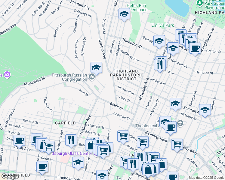 map of restaurants, bars, coffee shops, grocery stores, and more near 715 Chislett Street in Pittsburgh