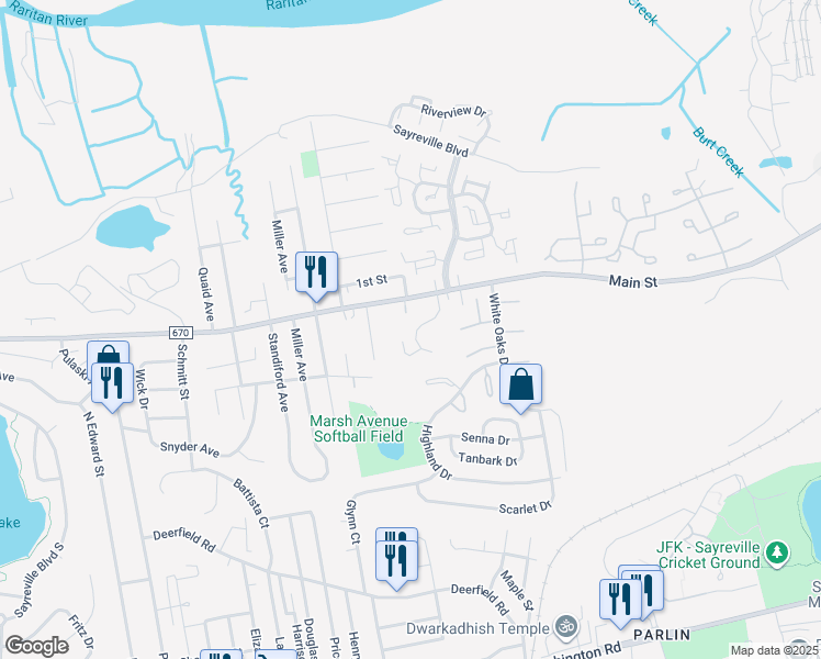 map of restaurants, bars, coffee shops, grocery stores, and more near 12 Van Loan Avenue in Sayreville