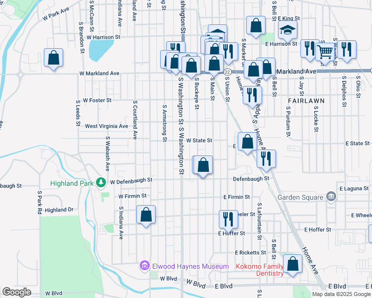map of restaurants, bars, coffee shops, grocery stores, and more near 1315 South Buckeye Street in Kokomo