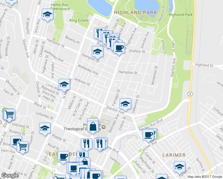 map of restaurants, bars, coffee shops, grocery stores, and more near 916 N Highland Ave in Pittsburgh