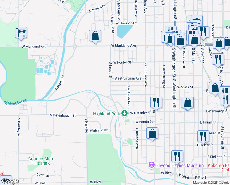 map of restaurants, bars, coffee shops, grocery stores, and more near 910 W Woodland Ave in Kokomo