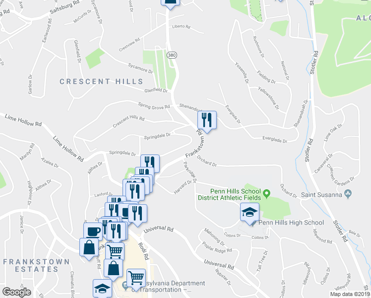 map of restaurants, bars, coffee shops, grocery stores, and more near 516 Springdale Drive in Pittsburgh