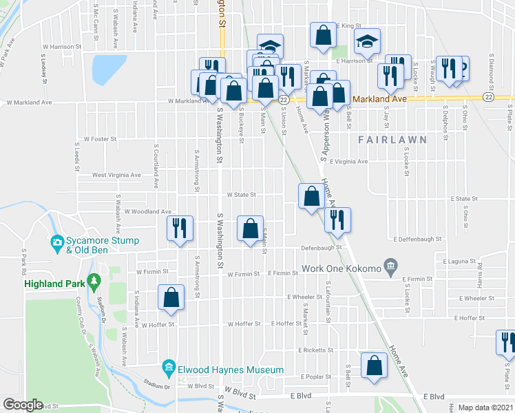 map of restaurants, bars, coffee shops, grocery stores, and more near 1315 South Main Street in Kokomo