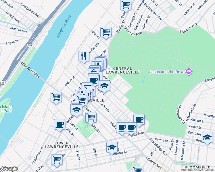 map of restaurants, bars, coffee shops, grocery stores, and more near 252 46th Street in Pittsburgh