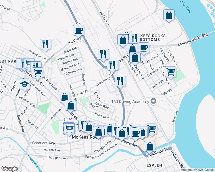 map of restaurants, bars, coffee shops, grocery stores, and more near 122 Cutler Street in McKees Rocks