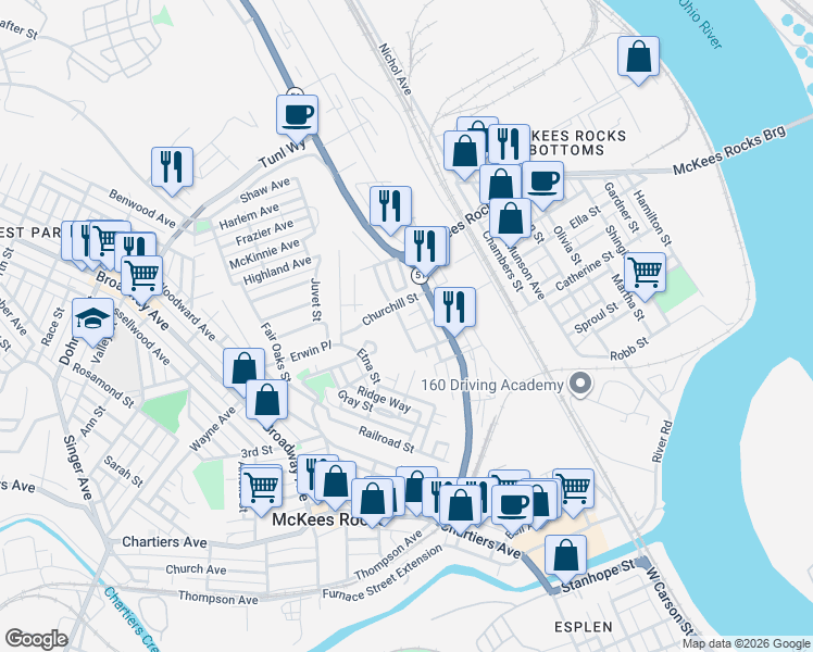 map of restaurants, bars, coffee shops, grocery stores, and more near 122 Cutler Street in McKees Rocks