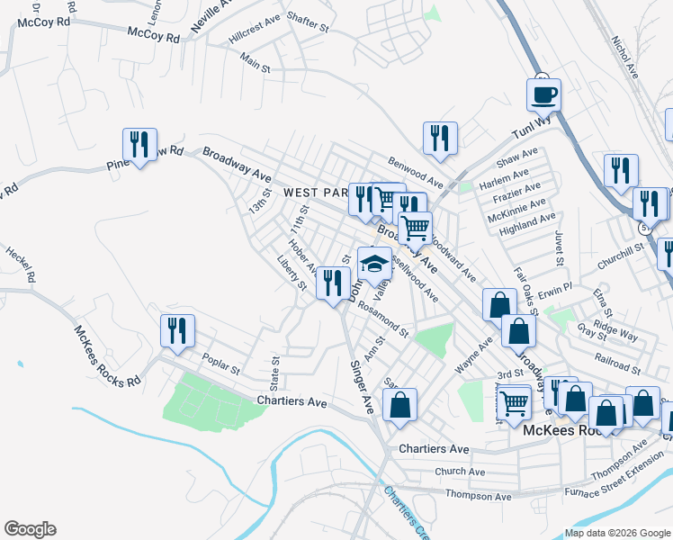 map of restaurants, bars, coffee shops, grocery stores, and more near 850 Hober Avenue in McKees Rocks