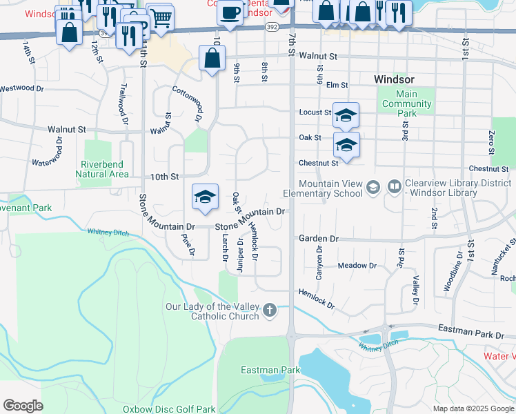 map of restaurants, bars, coffee shops, grocery stores, and more near 832 Stone Mountain Court in Windsor