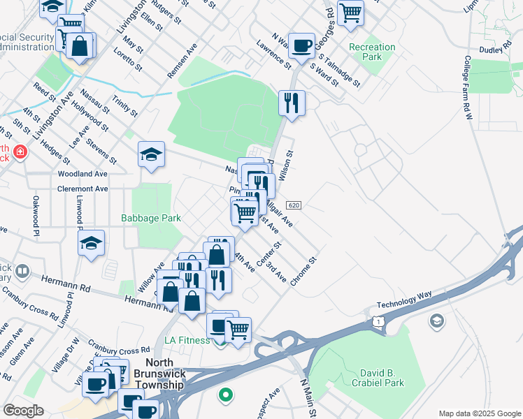 map of restaurants, bars, coffee shops, grocery stores, and more near 514 Georges Road in North Brunswick Township