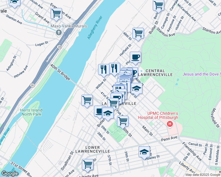 map of restaurants, bars, coffee shops, grocery stores, and more near 145 42nd Street in Pittsburgh