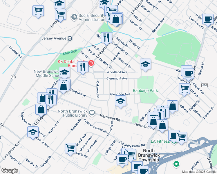 map of restaurants, bars, coffee shops, grocery stores, and more near 10 Beechwood Place in North Brunswick Township