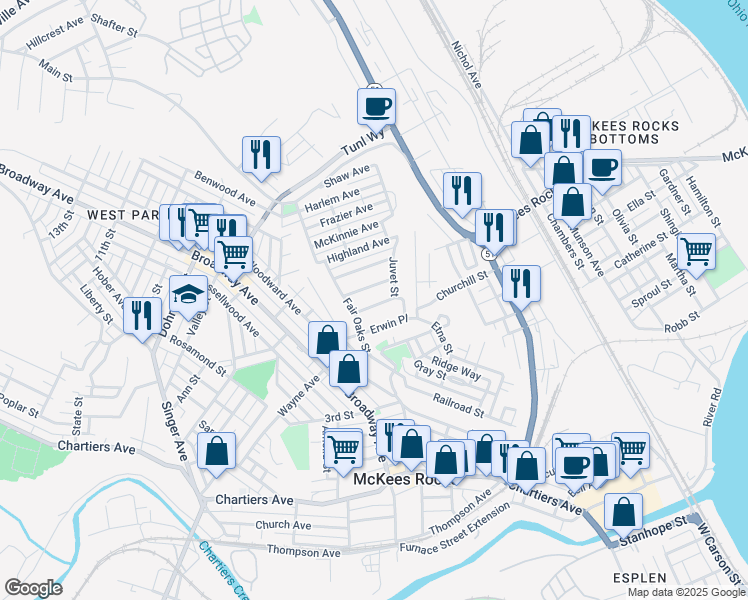 map of restaurants, bars, coffee shops, grocery stores, and more near 68 Palace Ave in McKees Rocks