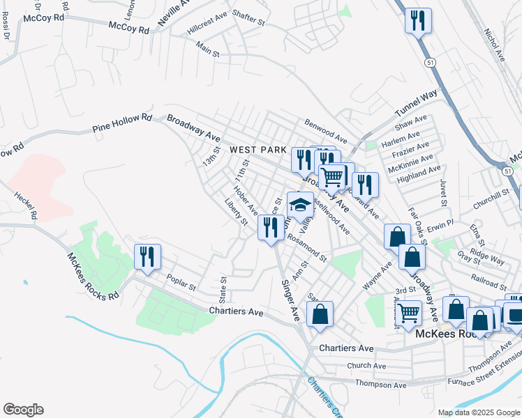 map of restaurants, bars, coffee shops, grocery stores, and more near 850 Hober Avenue in McKees Rocks