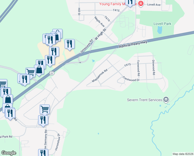 map of restaurants, bars, coffee shops, grocery stores, and more near 198 Royalwood Drive in Ebensburg
