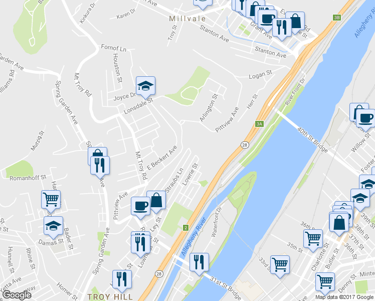 map of restaurants, bars, coffee shops, grocery stores, and more near 2164 Liedertafel Way in Pittsburgh
