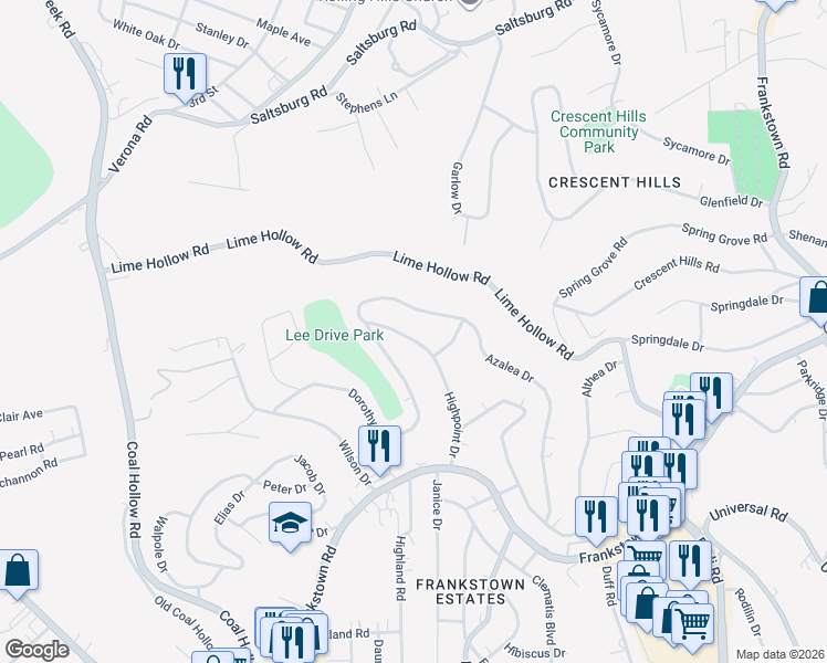 map of restaurants, bars, coffee shops, grocery stores, and more near 10920 Highpoint Drive in Penn Hills