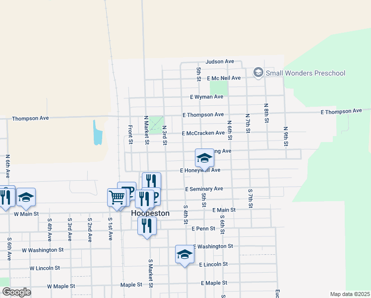 map of restaurants, bars, coffee shops, grocery stores, and more near 502 East Young Avenue in Hoopeston