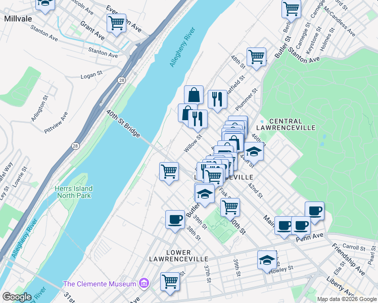 map of restaurants, bars, coffee shops, grocery stores, and more near 115 41st Street in Pittsburgh