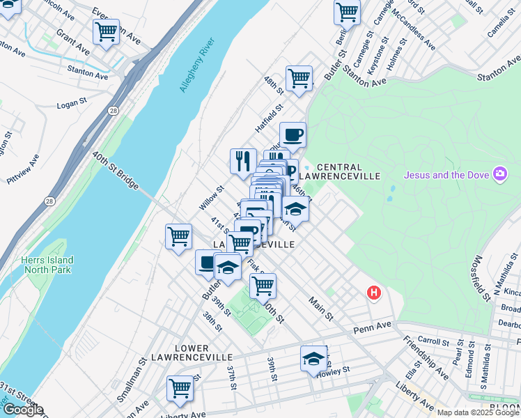 map of restaurants, bars, coffee shops, grocery stores, and more near 190 43rd 1/2 Street in Pittsburgh