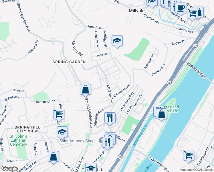 map of restaurants, bars, coffee shops, grocery stores, and more near 2213 Mount Troy Road in Pittsburgh