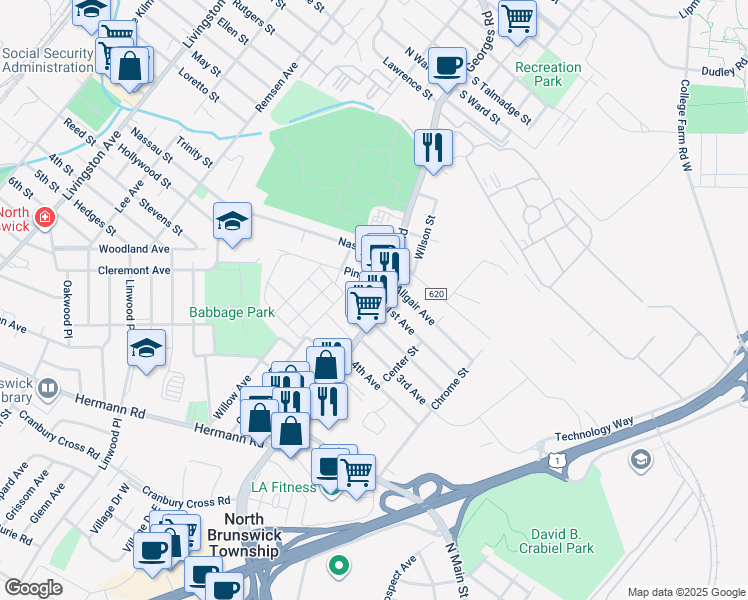 map of restaurants, bars, coffee shops, grocery stores, and more near 514 Georges Road in North Brunswick Township
