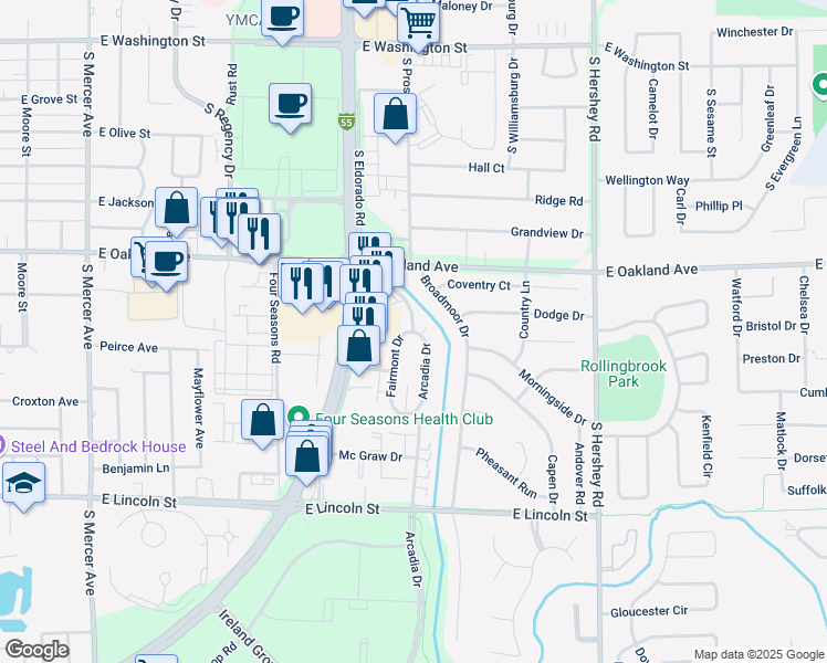 map of restaurants, bars, coffee shops, grocery stores, and more near 702 Arcadia Drive in Bloomington
