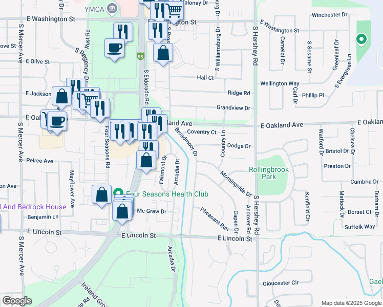 map of restaurants, bars, coffee shops, grocery stores, and more near 803 Broadmoor Drive in Bloomington