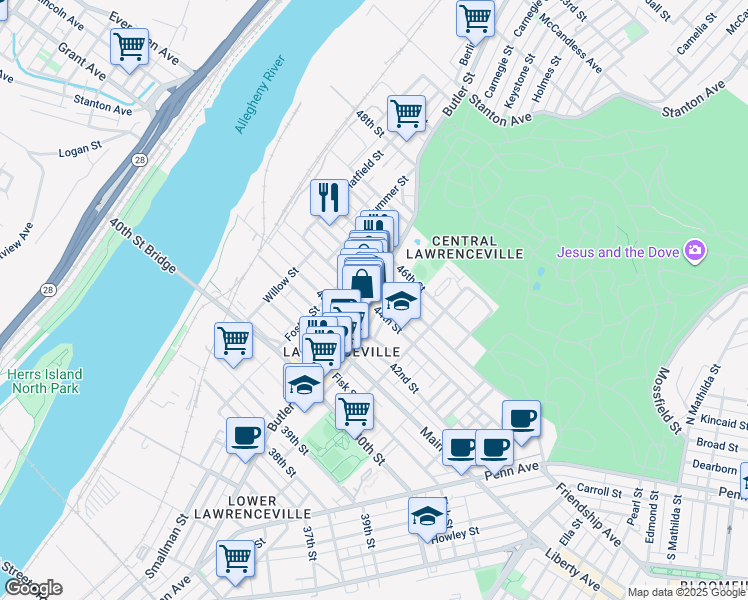 map of restaurants, bars, coffee shops, grocery stores, and more near 4406 1/2 Cessna Way in Pittsburgh