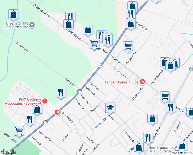 map of restaurants, bars, coffee shops, grocery stores, and more near 1470 Oaktree Drive in North Brunswick Township