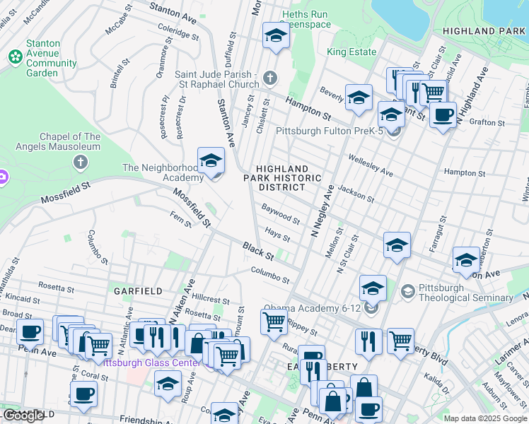 map of restaurants, bars, coffee shops, grocery stores, and more near 715 Chislett Street in Pittsburgh