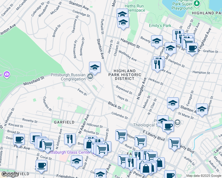map of restaurants, bars, coffee shops, grocery stores, and more near 715 Chislett Street in Pittsburgh