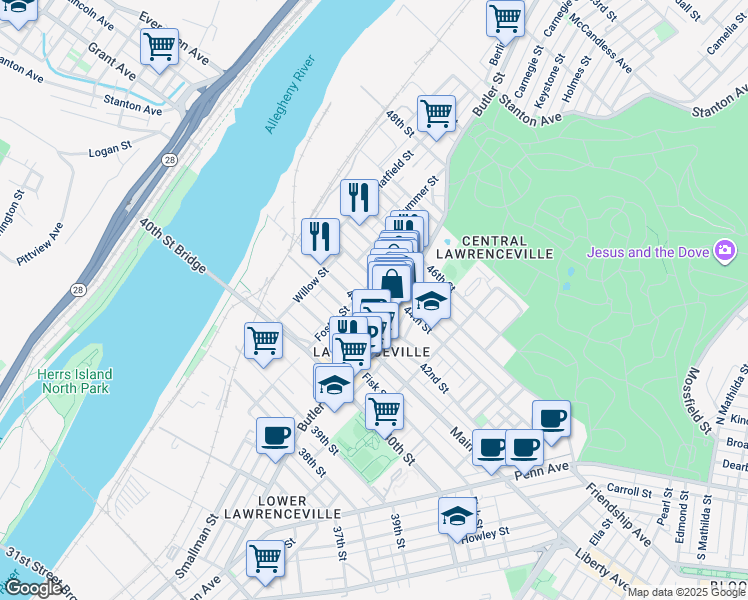 map of restaurants, bars, coffee shops, grocery stores, and more near 190 43rd 1/2 Street in Pittsburgh