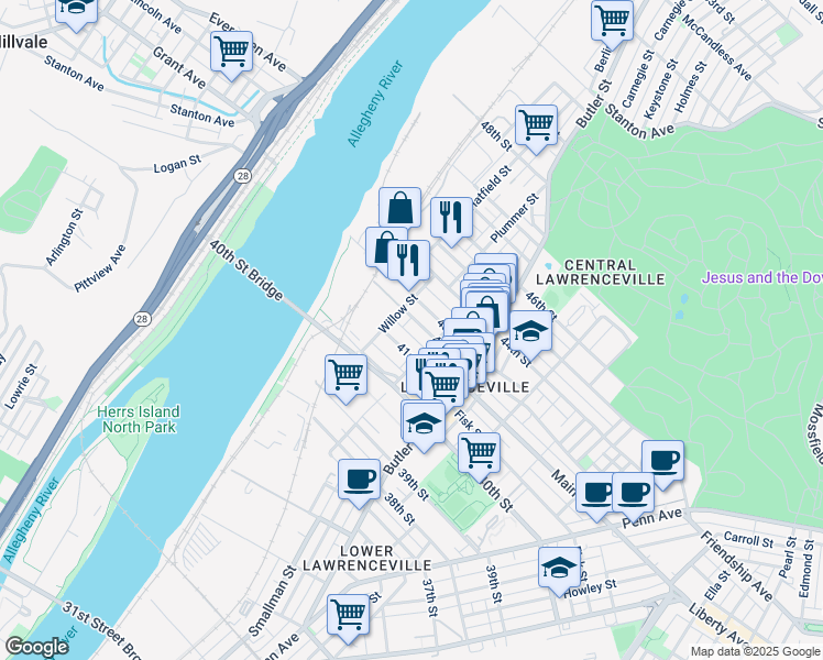 map of restaurants, bars, coffee shops, grocery stores, and more near 119 Banner Way in Pittsburgh