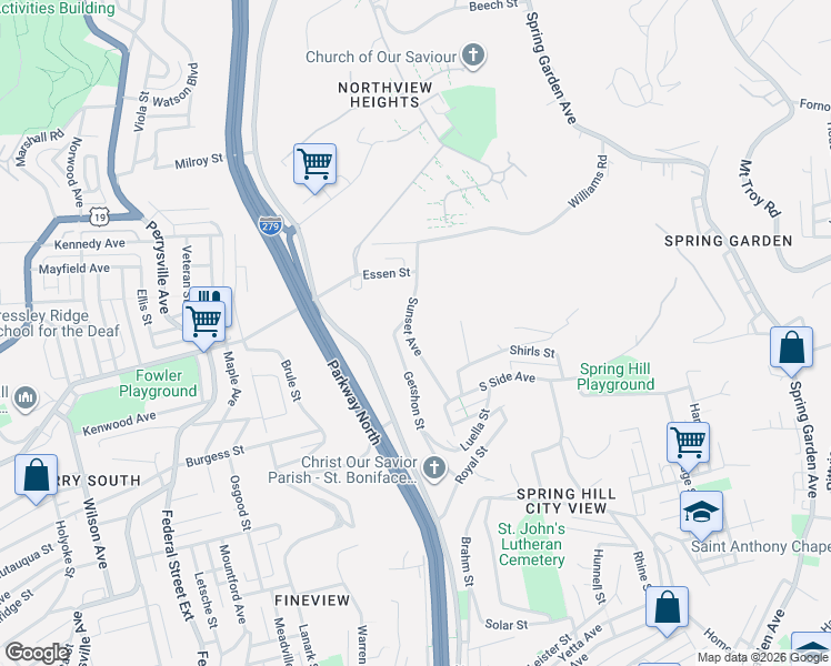 map of restaurants, bars, coffee shops, grocery stores, and more near 2471 Sunset Avenue in Pittsburgh