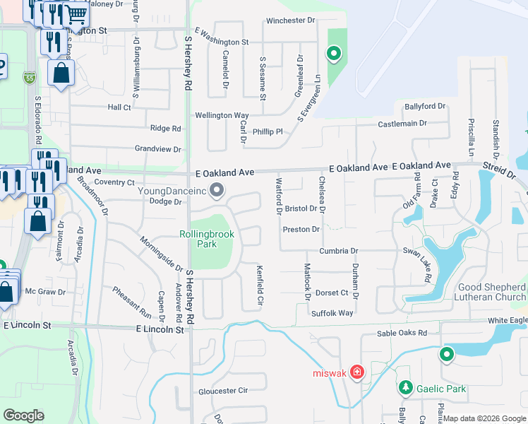 map of restaurants, bars, coffee shops, grocery stores, and more near 603 Watford Drive in Bloomington