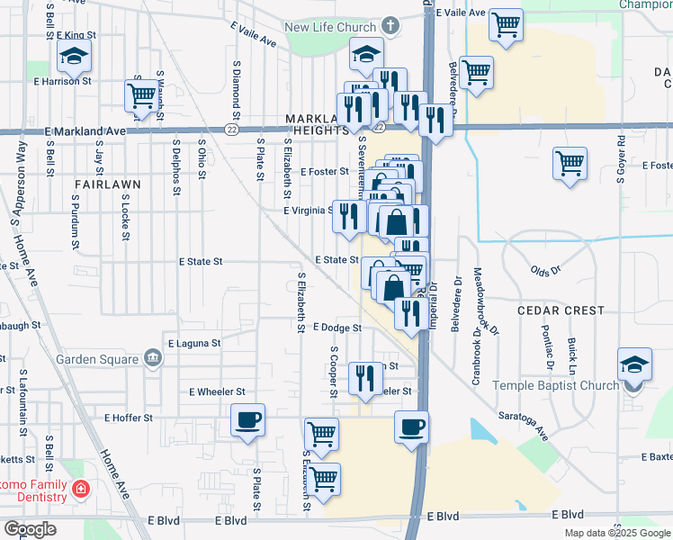 map of restaurants, bars, coffee shops, grocery stores, and more near 1310 South Cooper Street in Kokomo