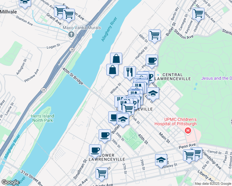 map of restaurants, bars, coffee shops, grocery stores, and more near 119 Banner Way in Pittsburgh