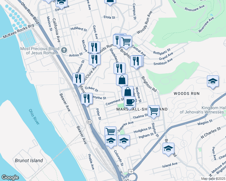 map of restaurants, bars, coffee shops, grocery stores, and more near 1400 Eckert St in Pittsburgh