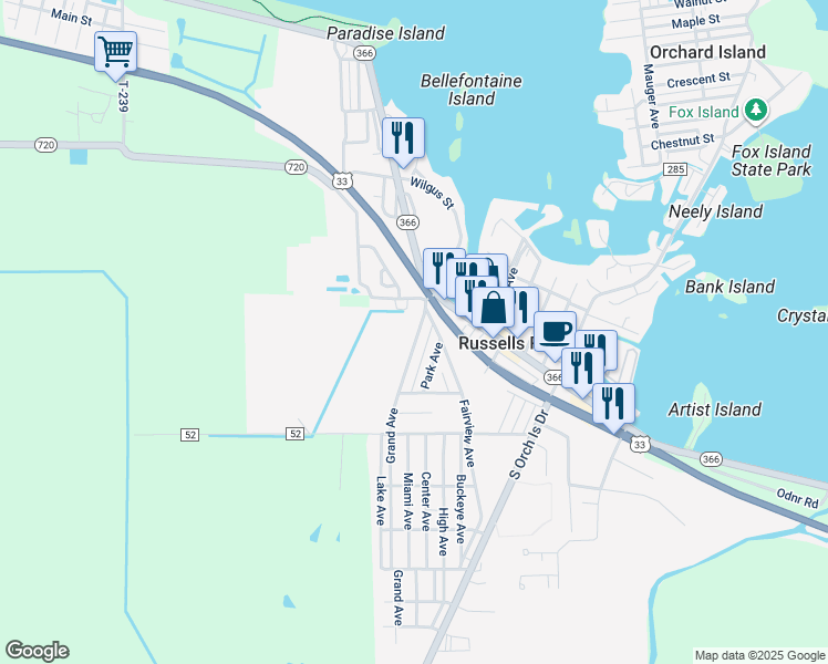 map of restaurants, bars, coffee shops, grocery stores, and more near 202 Grand Avenue in Russells Point