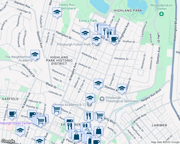 map of restaurants, bars, coffee shops, grocery stores, and more near 838 North Saint Clair Street in Pittsburgh
