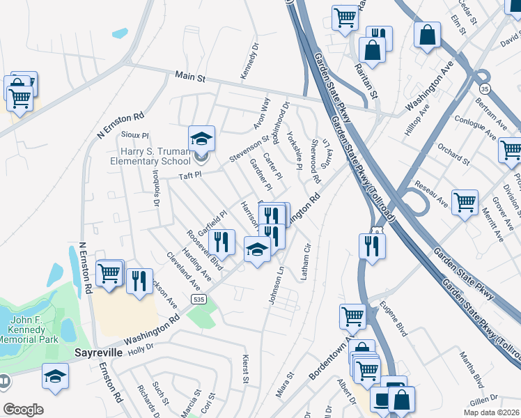 map of restaurants, bars, coffee shops, grocery stores, and more near 19 Robin Place in Sayreville