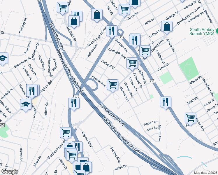 map of restaurants, bars, coffee shops, grocery stores, and more near 6 Reseau Avenue in South Amboy