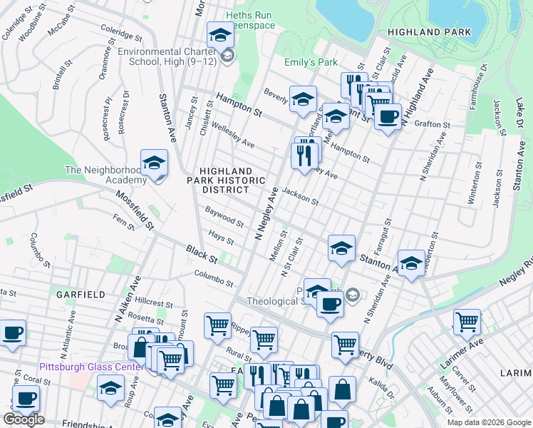 map of restaurants, bars, coffee shops, grocery stores, and more near 5598 Stanton Avenue in Pittsburgh