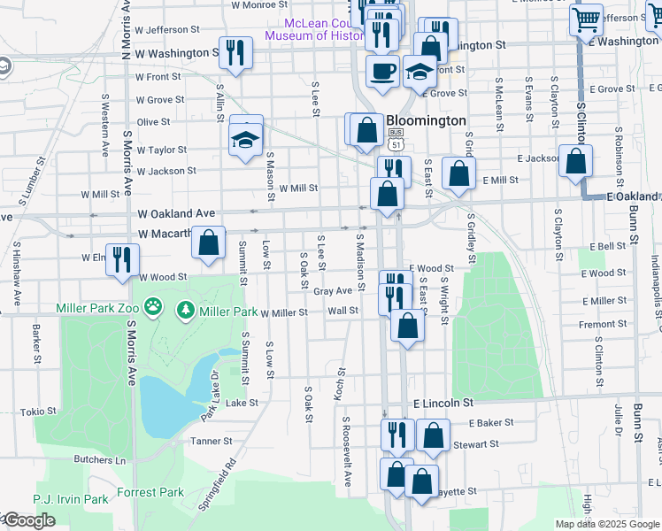 map of restaurants, bars, coffee shops, grocery stores, and more near 908 S Lee St in Bloomington