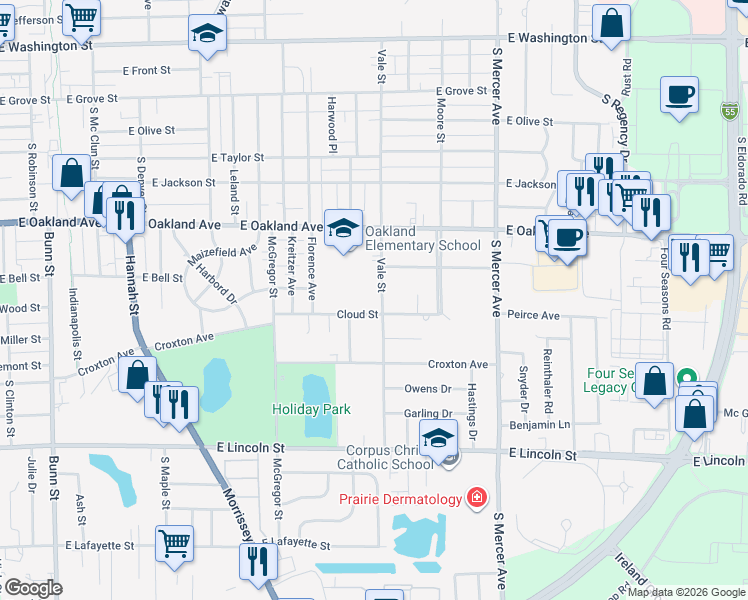 map of restaurants, bars, coffee shops, grocery stores, and more near 713 Vale Street in Bloomington